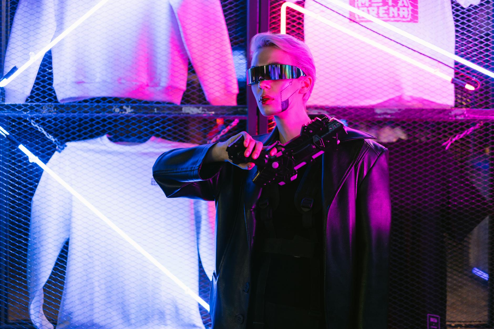 Kobieta w futurystycznym stroju cyberpunk w neonowych okularach